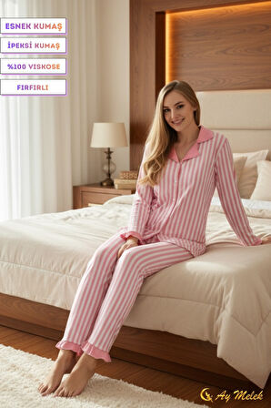 Kadın Pijama Takımı Desenli Pamuklu Fırfır Detaylı Polo Yaka Takım