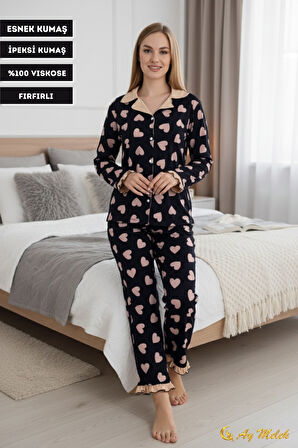 Kadın Pijama Takımı Desenli Pamuklu Fırfır Detaylı Polo Yaka Takım