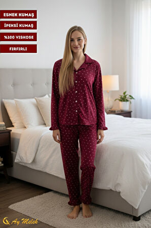 Kadın Pijama Takımı Desenli Pamuklu Fırfır Detaylı Polo Yaka Takım