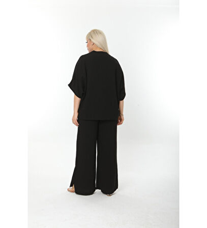 Büyük Beden Yandan Yırtmaçlı Rahat İkili Takım Pantolonlu Şık Alt-Üst Takım Siyah