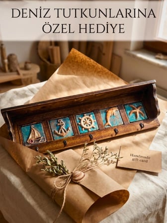 Anahtarlık, Duvara Asılabilir Taç Raflı Deniz Temalı Spirütüel Anahtar Askısı 53x8,5x15,5 (h)