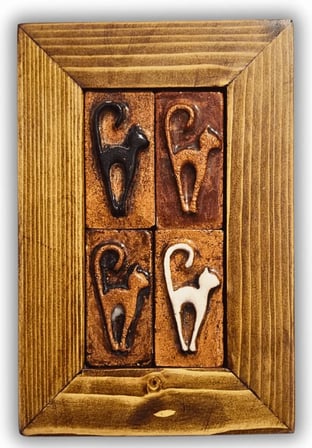 ⭐ Rustik Bohem El Yapımı Seramik Kedi Duvar Panosu Ahşap Çerçeveli 15x23 cm
