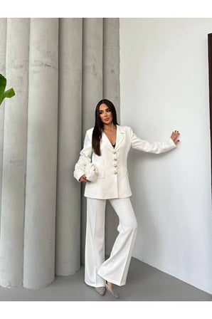 Kadın Gold Yıldız Düğmeli Blazer Ceket&flare Pantolon Takımı