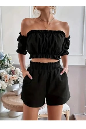 Kadın Kolsuz Madonna Yaka Crop Şort İkili Alt Üst Keten Takım