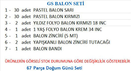 TARAFTAR SARI, KIRMIZI 60 ADET BALON 2 ADET YILDIZ, 1 YAŞ KREM FOLYO BALON SETİ 