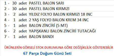 TARAFTAR SARI, KIRMIZI 60 ADET BALON 2 ADET YILDIZ, 2 YAŞ KREM FOLYO BALON SETİ 