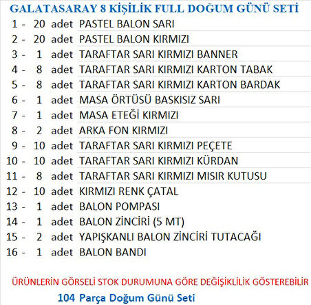 TARAFTAR (GS) 8 KİŞİLİK FULL DOĞUM GÜNÜ SETİ