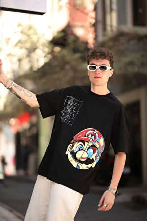 Erkek Mario Baskılı Oversize T-Shirt - Siyah