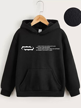 Çocuk Unisex Kapüşonlu Baskılı Sweatshirt - Siyah