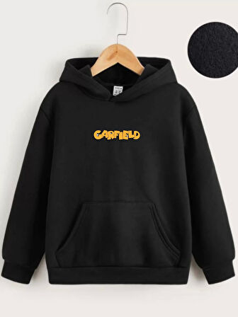 Çocuk Unisex Kapüşonlu Ön ve Arka Garfield Baskılı Sweatshirt - Siyah