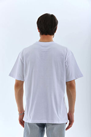 Unisex Oversize Düz Bisiklet Yaka T-Shirt - Beyaz
