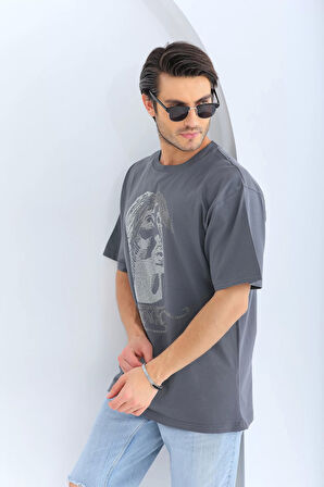 Unisex Oversize Taşlı Bisiklet Yaka T-Shirt - Füme