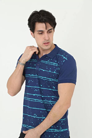 Erkek Yakalı Slim Fit Pike Çizgili T-Shirt - Mavi