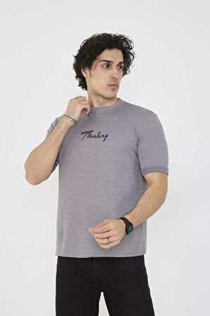 Unisex Bisiklet Yaka Slim fit T-Shirt- Gri