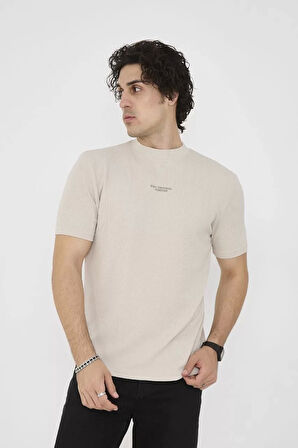Unisex Bisiklet Yaka Slim fit T-Shirt- Bej