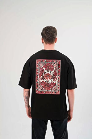 Unisex Bisiklet Yaka Baskılı Oversize T-Shirt - Siyah