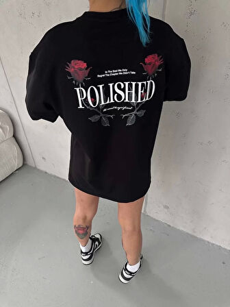 Unisex Bisiklet Yaka Baskılı Oversize T-Shirt - Siyah