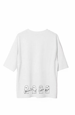 Unisex Bisiklet Yaka Baskılı Oversize T-Shirt - Beyaz