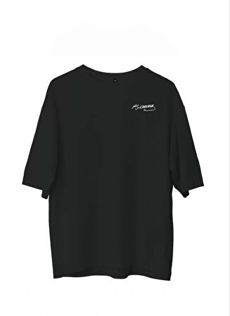 Unisex Bisiklet Yaka Baskılı Oversize T-Shirt - Siyah