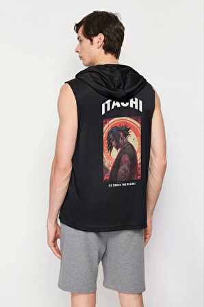 Unisex Kapşonlu Kolsuz Baskılı Oversize T-shirt - Siyah