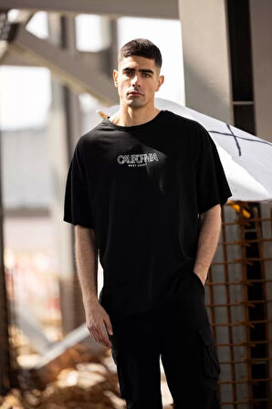 Unisex Bisiklet Yaka Baskılı Oversize T-Shirt - Siyah