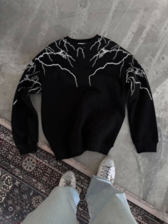 Yıldırım Baskılı Bisiklet Yaka SweatShirt - Siyah