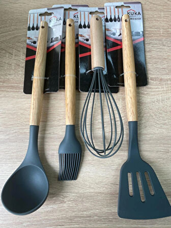 Kuka 4'lü Silikon Set Bambu Saplı Spatula Çırpıcı Fırça ve Kepçe Antrasit Renk