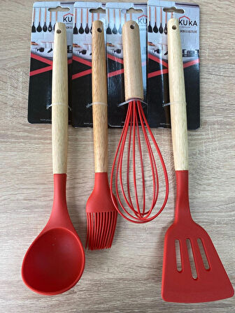 Kuka 4'lü Silikon Set Bambu Saplı Spatula Çırpıcı Fırça ve Kepçe Kırmızı Renk