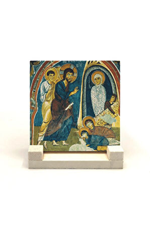 Kapadokya Göreme Karanlık Kilise Freski - Lazarus'un Dirilişi Baskılı Taş Masaüstlük 10X10