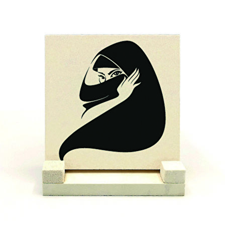 Çarşaflı Kadın ÇizimiBaskılı Doğaltaş Masaüstlük