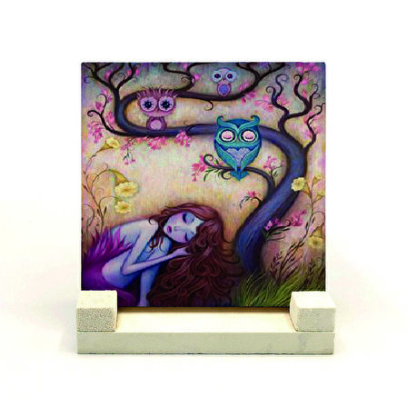 Baykuşlar ve kızBaskılı Doğaltaş Masaüstlük