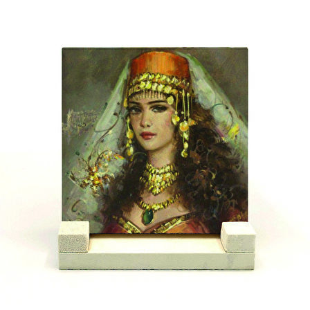 Osmanlı Kadın ÇizimiBaskılı Doğaltaş Masaüstlük