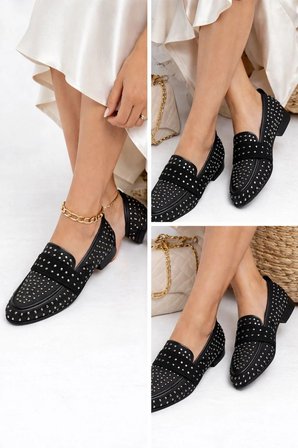 Mery Ceyn Taşlı Küt Kare Loafer Şık Babet
