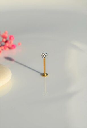 Taşlı Top Uçlu Çelik Piercing Dudak Dil 12 mm Gold
