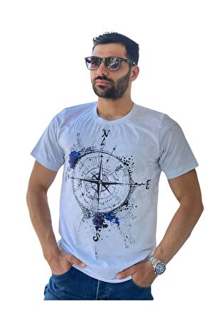 Taşkaf- - Erkek Dijital Pusula Baskılı Yeni Sezon T-shirt