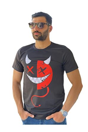 TASKAFA - Erkek Dijital Smile Şeytan Baskılı Yeni Sezon T-shirt