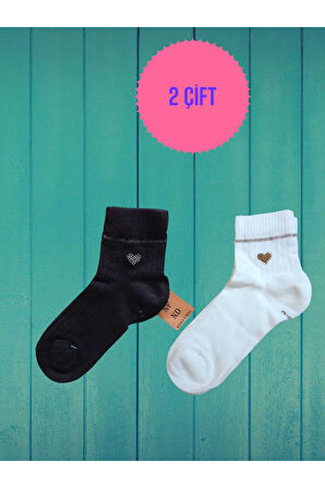 2 ÇİFT TAŞLI KALPLİ KOKULU LİKRALI KISAKONÇ DİKİŞSİZ ÇORAP PAMUKLU SİYAH EKRUBEYAZ KADIN ÇORABI36-40