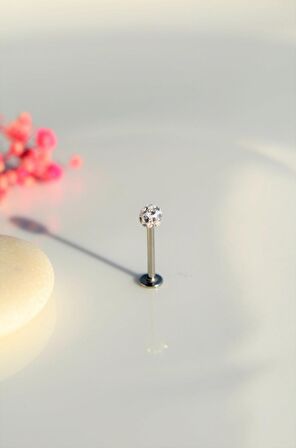 Taşlı Top Uçlu Çelik Piercing Dudak Dil 10 mm Gümüş Renk