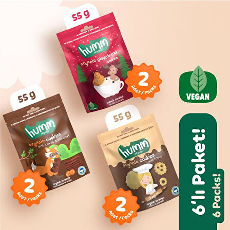 Organik Vegan Tatlı Kurabiye Atıştırmalık Paketi - 6 adet (3 çeşit)
