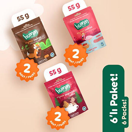 Organik Vegan Zencefilli Keçiboynuzlu ve Çilekli Tatlı Kurabiyeler Atıştırmalık Paketi - 6 adet (3 çeşit)