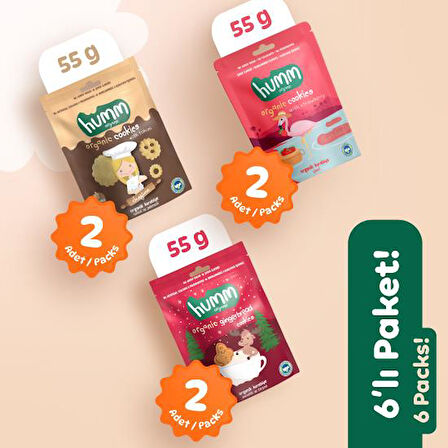 Organik Vegan Zencefilli Tahinli ve Çilekli Tatlı Kurabiyeler Atıştırmalık Paketi - 6 adet (3 çeşit)