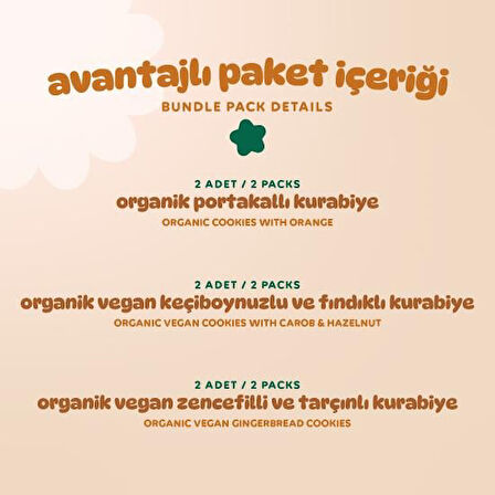 Organik Vegan Zencefilli Keçiboynuzlu ve Portakallı Tatlı Kurabiyeler Atıştırmalık Paketi - 6 adet (3 çeşit)