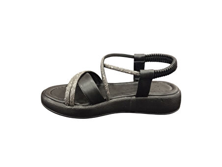 Ventes 58157Z Taş Şeritli Bilekten Lastikli 3cm Topuk Boyu Günlük Kadın Şık Sandalet