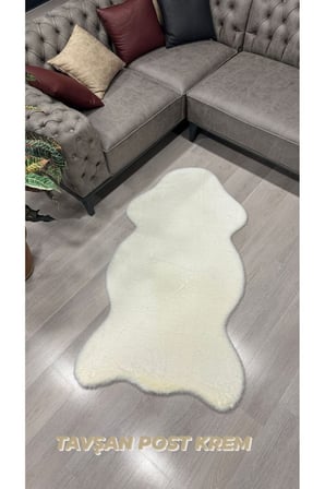 Aries Home Tavşan Tüyü Krem Yumuşak Makinede Yıkanabilir Kaymaz Ve Toplanmaz Süet Taban Post Halı