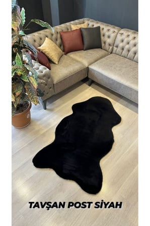 Aries Home Tavşan Tüyü Siyah Yumuşak Makinede Yıkanabilir Kaymaz Ve Toplanmaz Süet Taban Post Halı