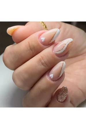 Pembe Gold Beyaz Desenli Badem Takma Tırnak Seti (24 Adet)