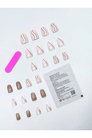 Pembe Gold Beyaz Desenli Badem Takma Tırnak Seti (24 Adet)