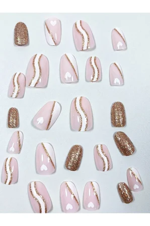 Pembe Gold Beyaz Desenli Badem Takma Tırnak Seti (24 Adet)