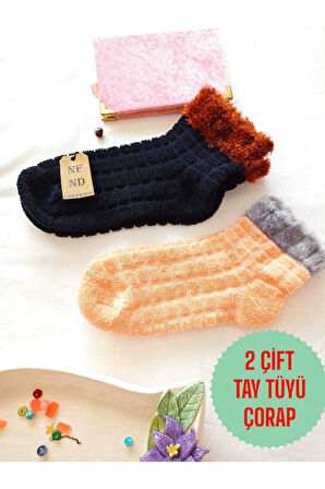 2 ÇİFT TAY TÜYÜ TERS HAVLU PATİK ÇORABI KABARTMALI KOKULU YILBAŞI HEDİYE LACİVER TURUNCU ÇORAP 36-40