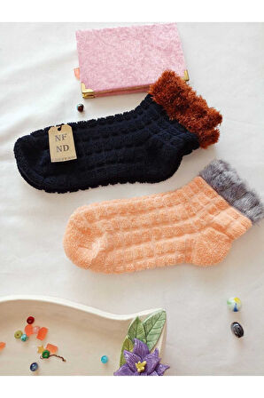 2 ÇİFT TAY TÜYÜ TERS HAVLU PATİK ÇORABI KABARTMALI KOKULU YILBAŞI HEDİYE LACİVER TURUNCU ÇORAP 36-40